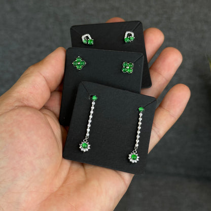 Vertical Flower Icy Imperial Green Jadeite Jade Earrings in Silver 925 Setting