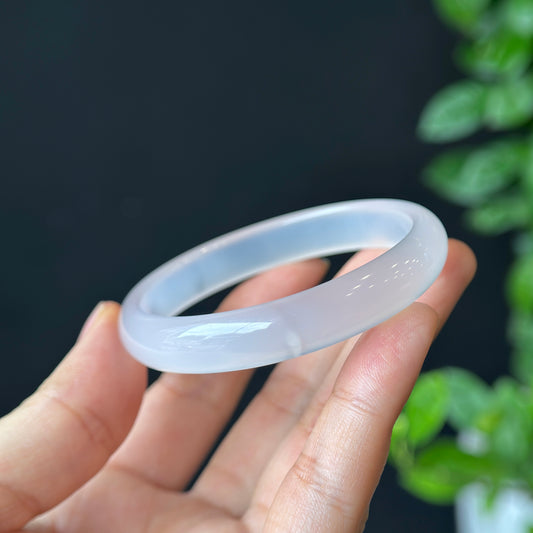 Natural Translucent White Agate Bangle Leaf Style Size 54.5 mm