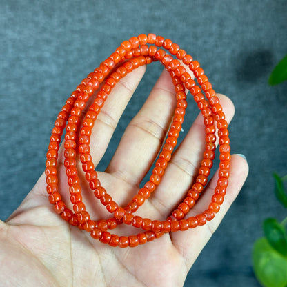 Coral Red Natural Nan Hong Agate Barrel Triple Wrap Bracelet Size 5 mm