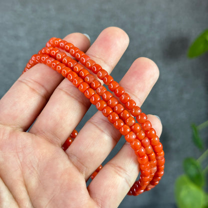 Coral Red Natural Nan Hong Agate Barrel Triple Wrap Bracelet Size 5 mm