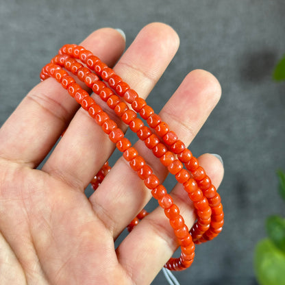 Coral Red Natural Nan Hong Agate Barrel Triple Wrap Bracelet Size 5 mm