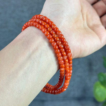 Coral Red Natural Nan Hong Agate Barrel Triple Wrap Bracelet Size 5 mm