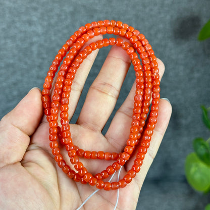 Coral Red Natural Nan Hong Agate Barrel Triple Wrap Bracelet Size 5 mm