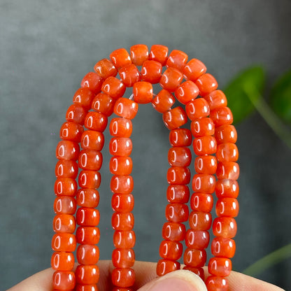 Coral Red Natural Nan Hong Agate Barrel Triple Wrap Bracelet Size 5 mm