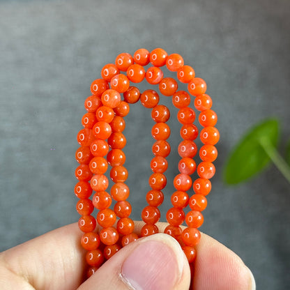 Coral Red Natural Nan Hong Agate Triple Wrap Bracelet Size 5 mm