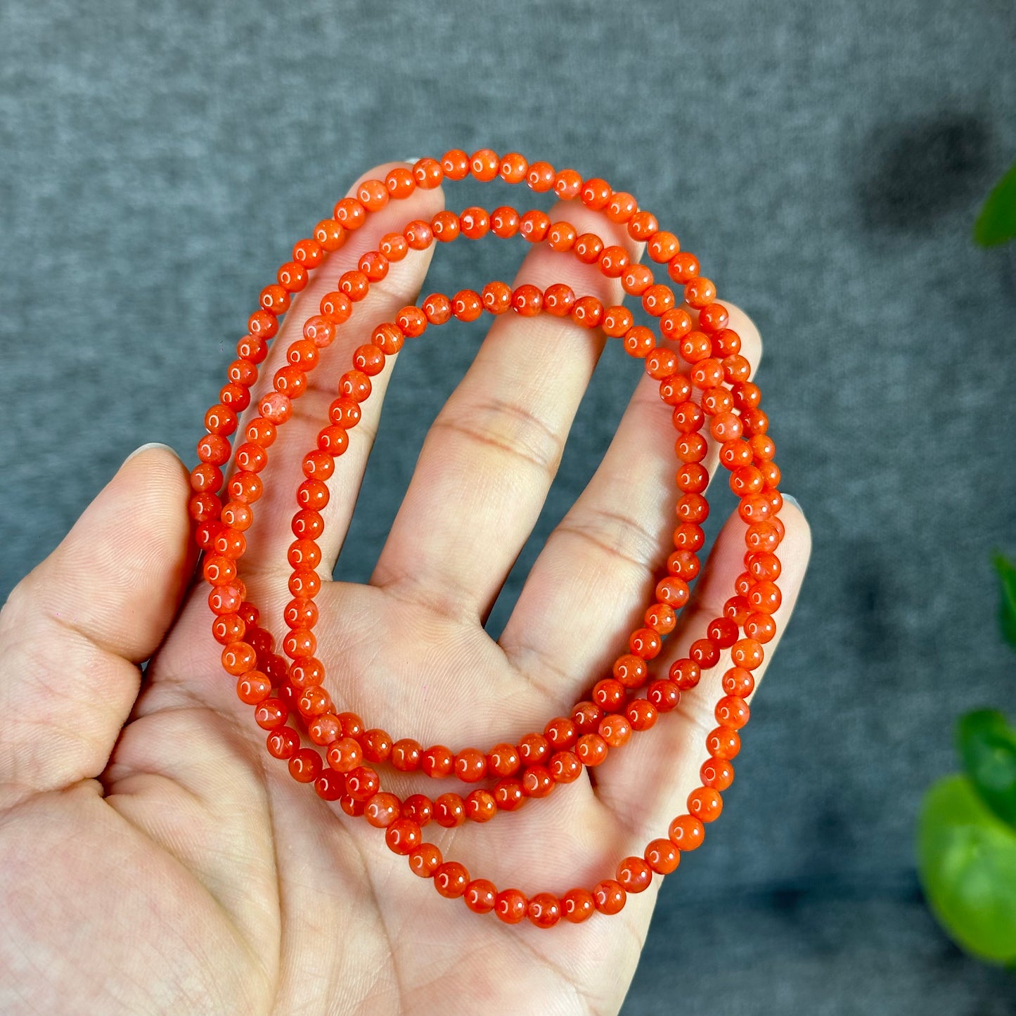 Coral Red Natural Nan Hong Agate Triple Wrap Bracelet Size 5 mm