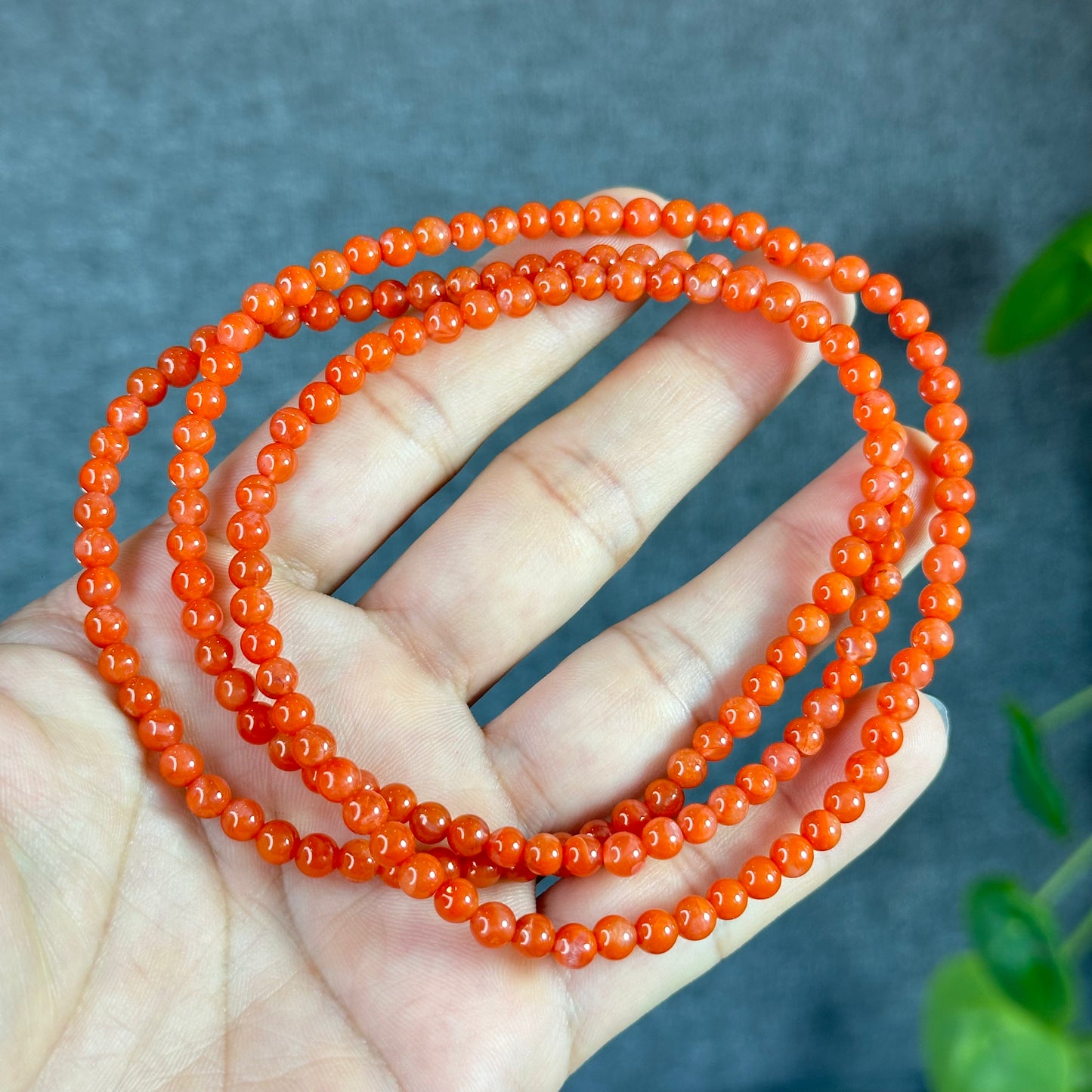 Coral Red Natural Nan Hong Agate Triple Wrap Bracelet Size 5 mm