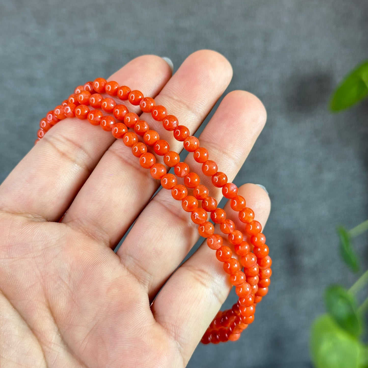 Coral Red Natural Nan Hong Agate Triple Wrap Bracelet Size 5 mm