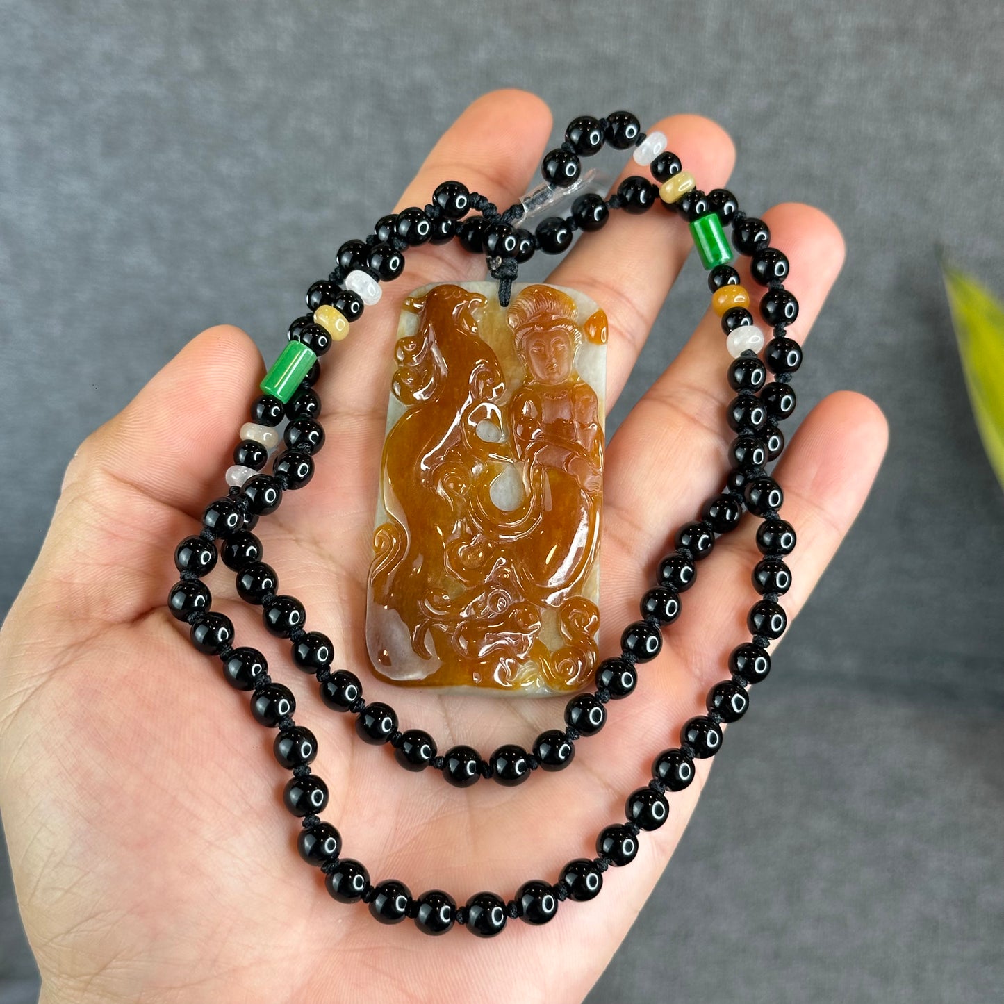 Quan The Am Buddha Phoenix Carving Orange Jadeite Jade Pendant With Beaded Necklace Certificate 19503