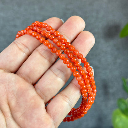 Coral Red Natural Nan Hong Agate Triple Wrap Bracelet Size 5 mm