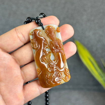 Quan The Am Buddha Phoenix Carving Orange Jadeite Jade Pendant With Beaded Necklace Certificate 19503