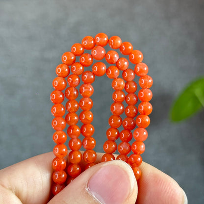 Coral Red Natural Nan Hong Agate Triple Wrap Bracelet Size 5 mm