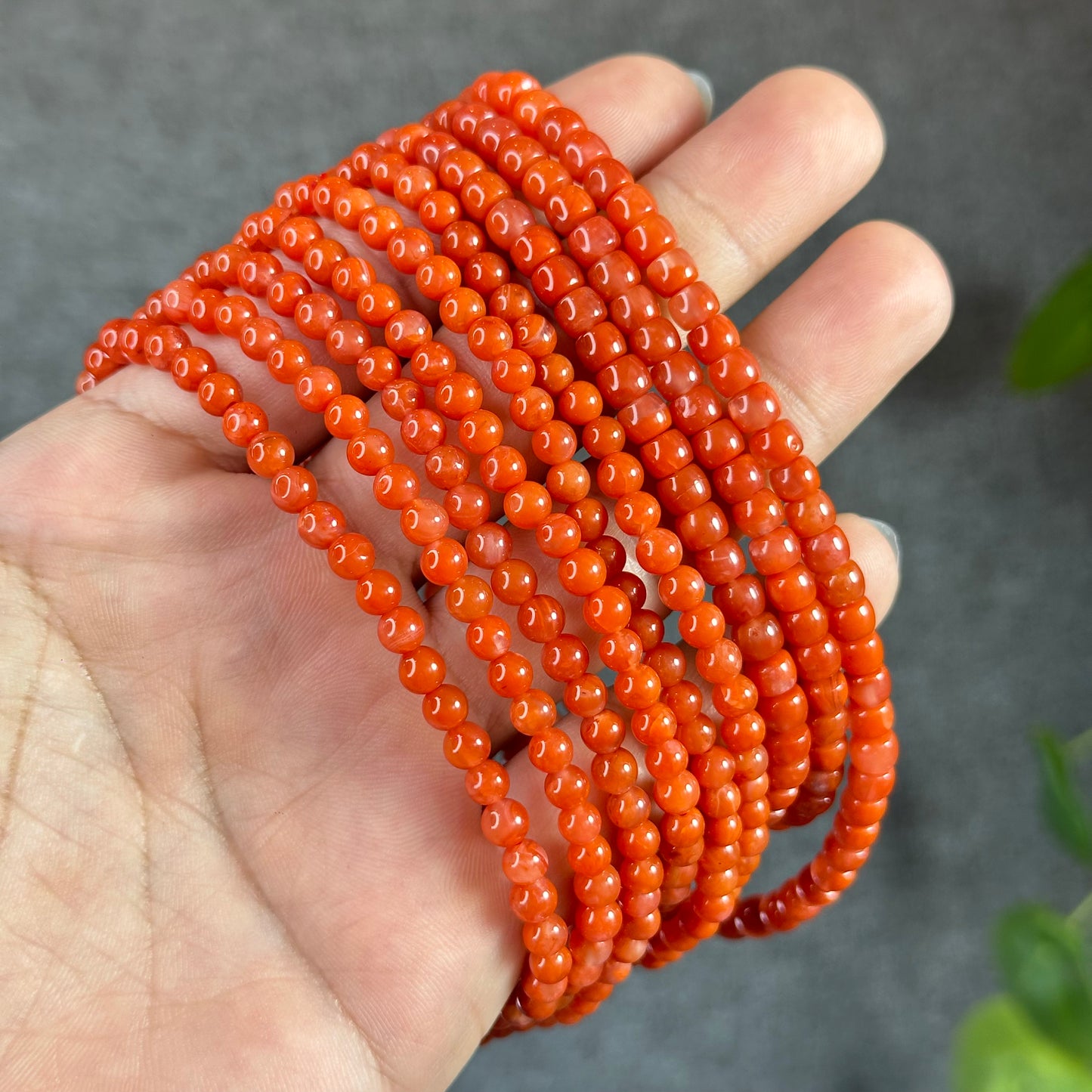 Coral Red Natural Nan Hong Agate Triple Wrap Bracelet Size 5 mm