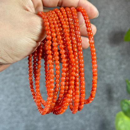 Coral Red Natural Nan Hong Agate Barrel Triple Wrap Bracelet Size 5 mm