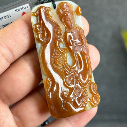 Quan The Am Buddha Phoenix Carving Orange Jadeite Jade Pendant With Beaded Necklace Certificate 19503