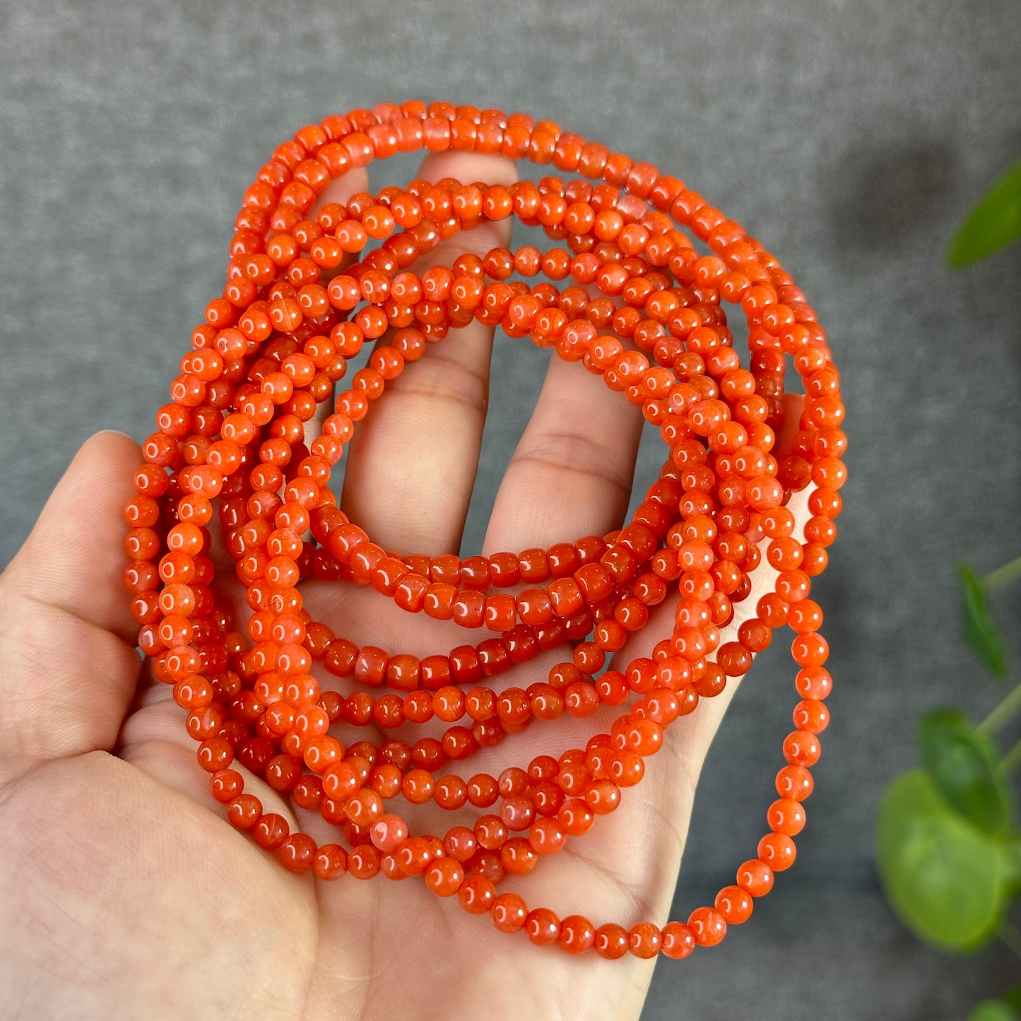 Coral Red Natural Nan Hong Agate Barrel Triple Wrap Bracelet Size 5 mm