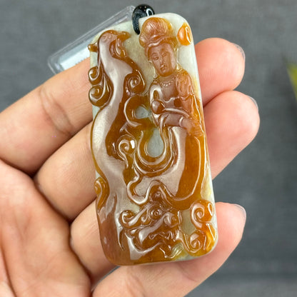 Quan The Am Buddha Phoenix Carving Orange Jadeite Jade Pendant With Beaded Necklace Certificate 19503