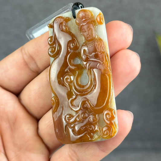 Quan The Am Buddha Phoenix Carving Orange Jadeite Jade Pendant With Beaded Necklace Certificate 19503