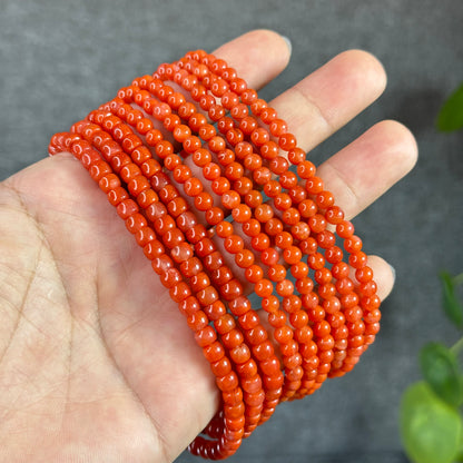 Coral Red Natural Nan Hong Agate Triple Wrap Bracelet Size 5 mm