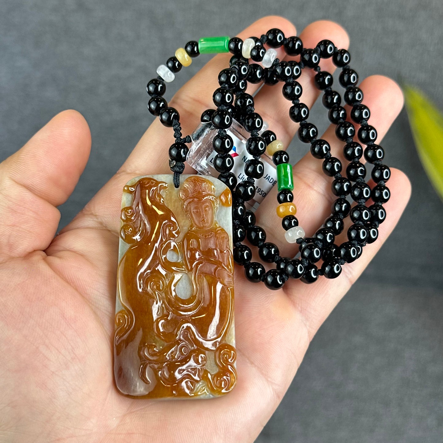 Quan The Am Buddha Phoenix Carving Orange Jadeite Jade Pendant With Beaded Necklace Certificate 19503