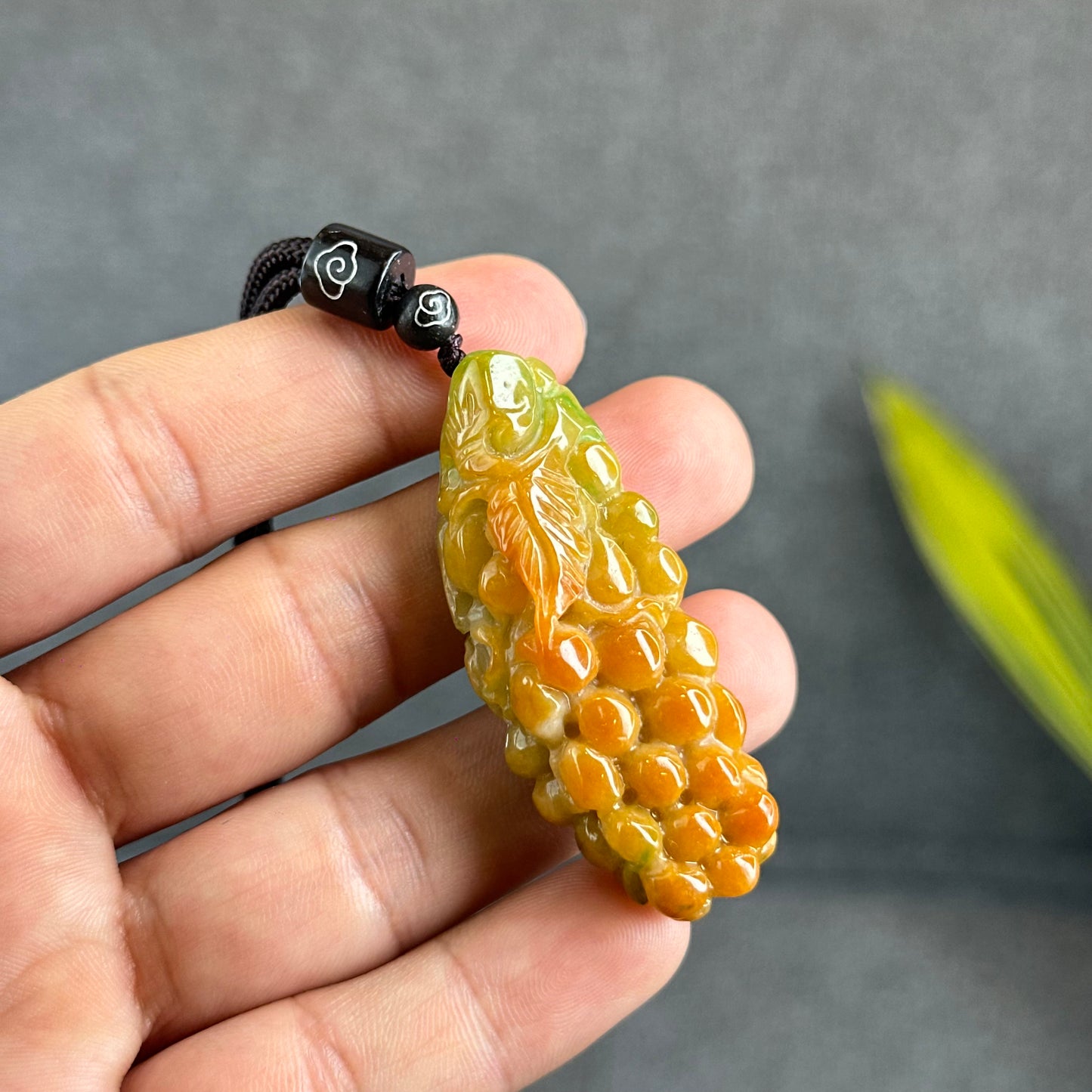 Orange Mixed Green Jadeite Jade Grape Carving Pendant