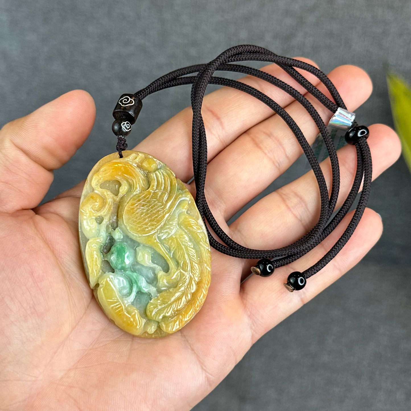 Orange Mixed Green Jadeite Jade Phoenix Carving Pendant
