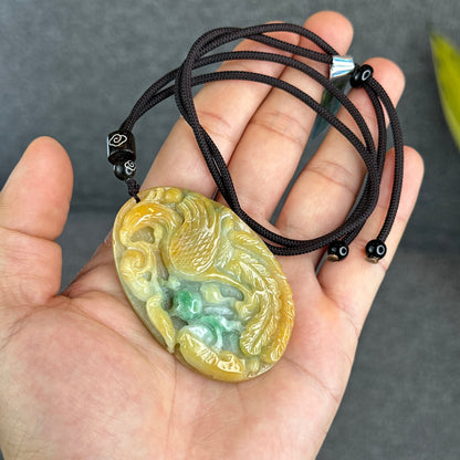 Orange Mixed Green Jadeite Jade Phoenix Carving Pendant