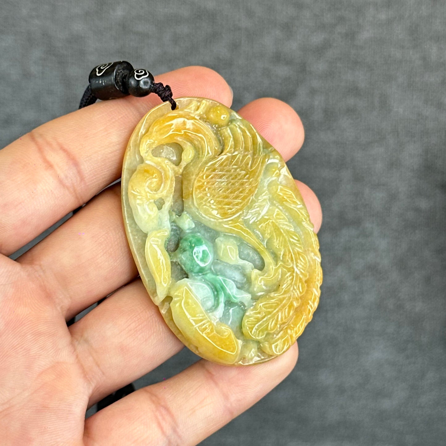Orange Mixed Green Jadeite Jade Phoenix Carving Pendant