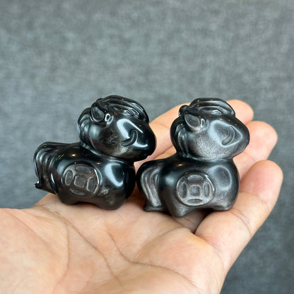 Natural Silver Obsidian Luck Horse Figurine