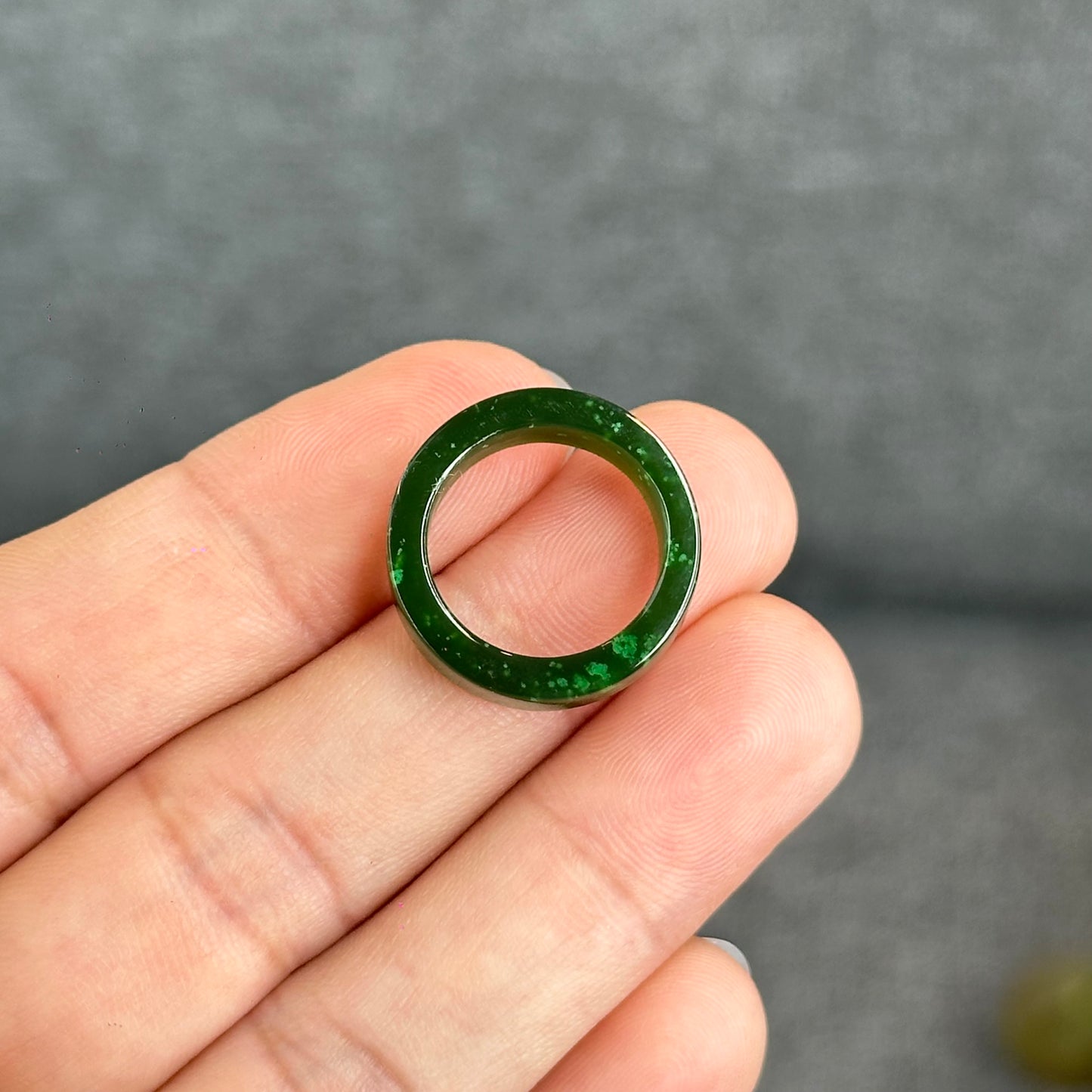 Natural Floating Flower Nephrite Jade VIP Ring Square Style Size 1.5