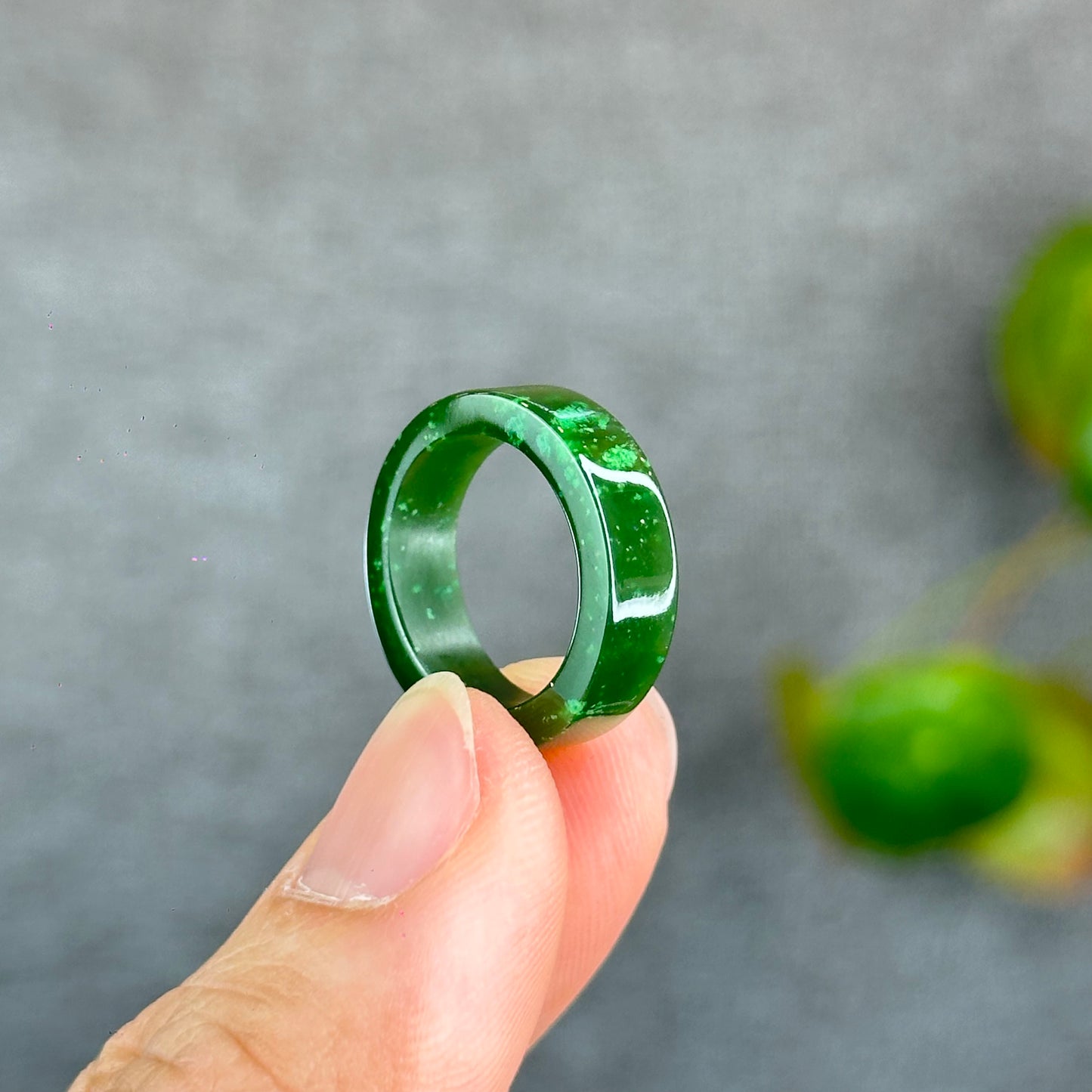 Natural Floating Flower Nephrite Jade VIP Ring Square Style Size 1.5