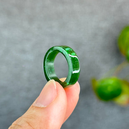 Natural Floating Flower Nephrite Jade VIP Ring Square Style Size 1.5