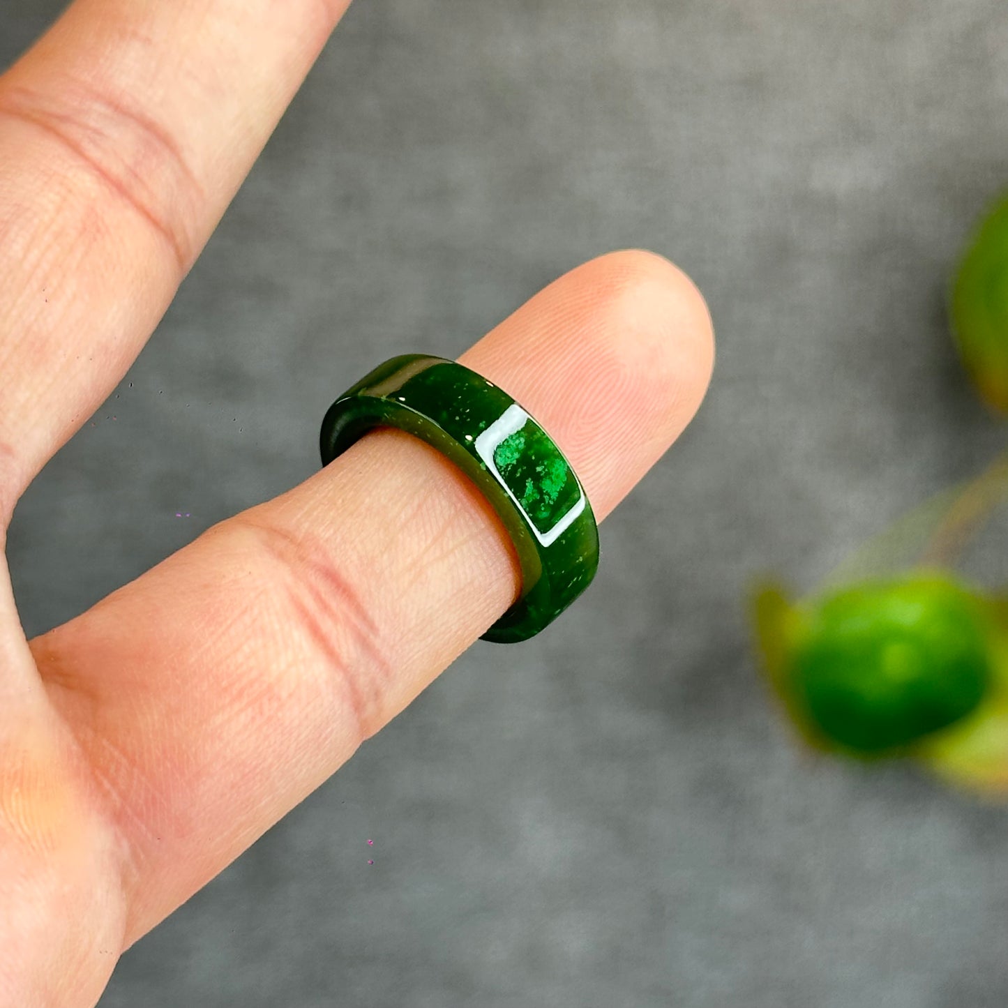 Natural Floating Flower Nephrite Jade VIP Ring Square Style Size 1.5