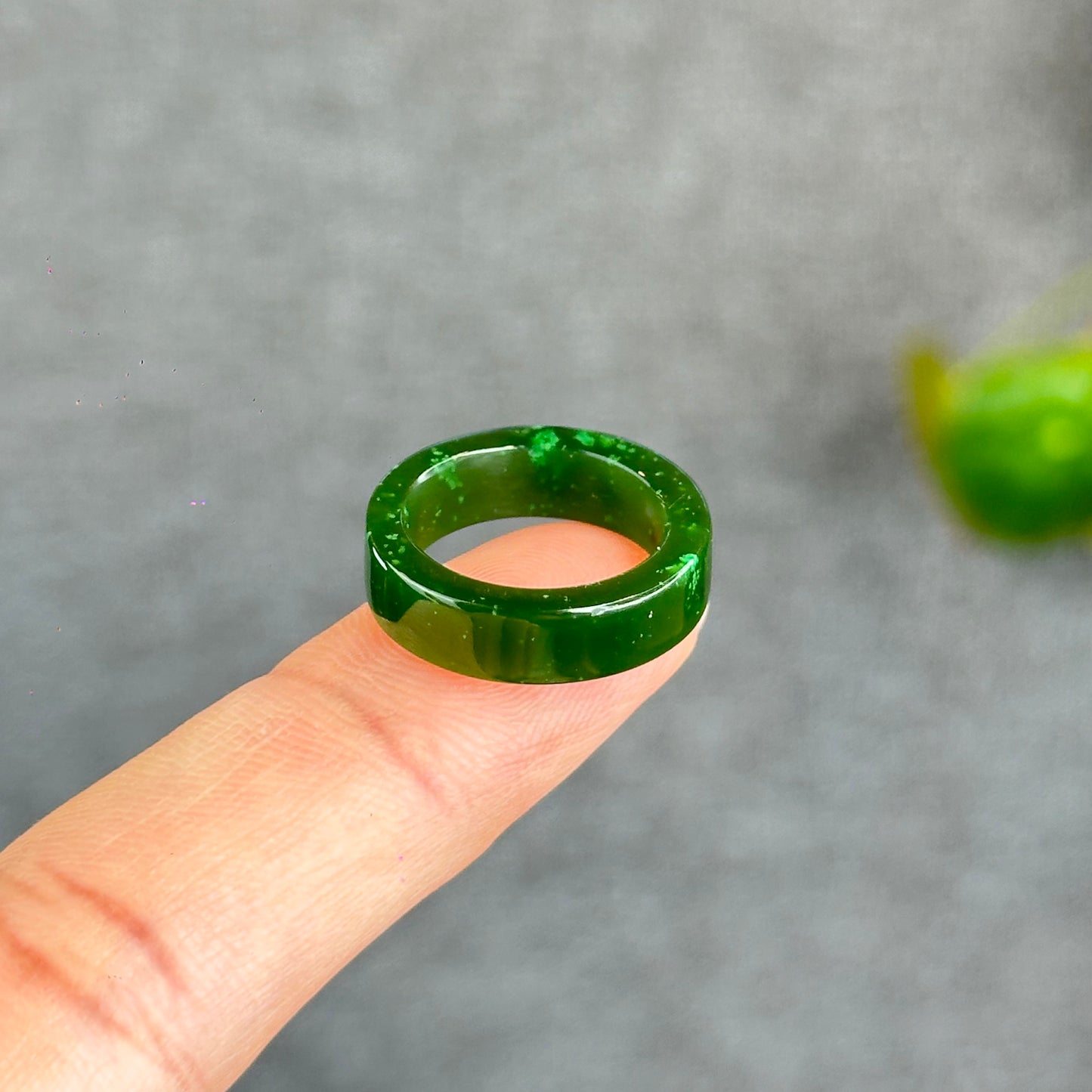 Natural Floating Flower Nephrite Jade VIP Ring Square Style Size 1.5