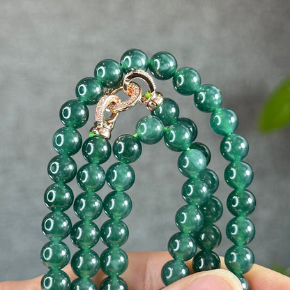 Icy Water Green Translucent Natural Jadeite Jade Necklace Size 7 mm with Rose Gold Coloured Clasp