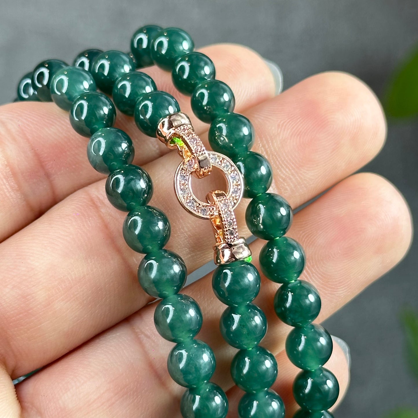 Icy Water Green Translucent Natural Jadeite Jade Necklace Size 7 mm with Rose Gold Coloured Clasp