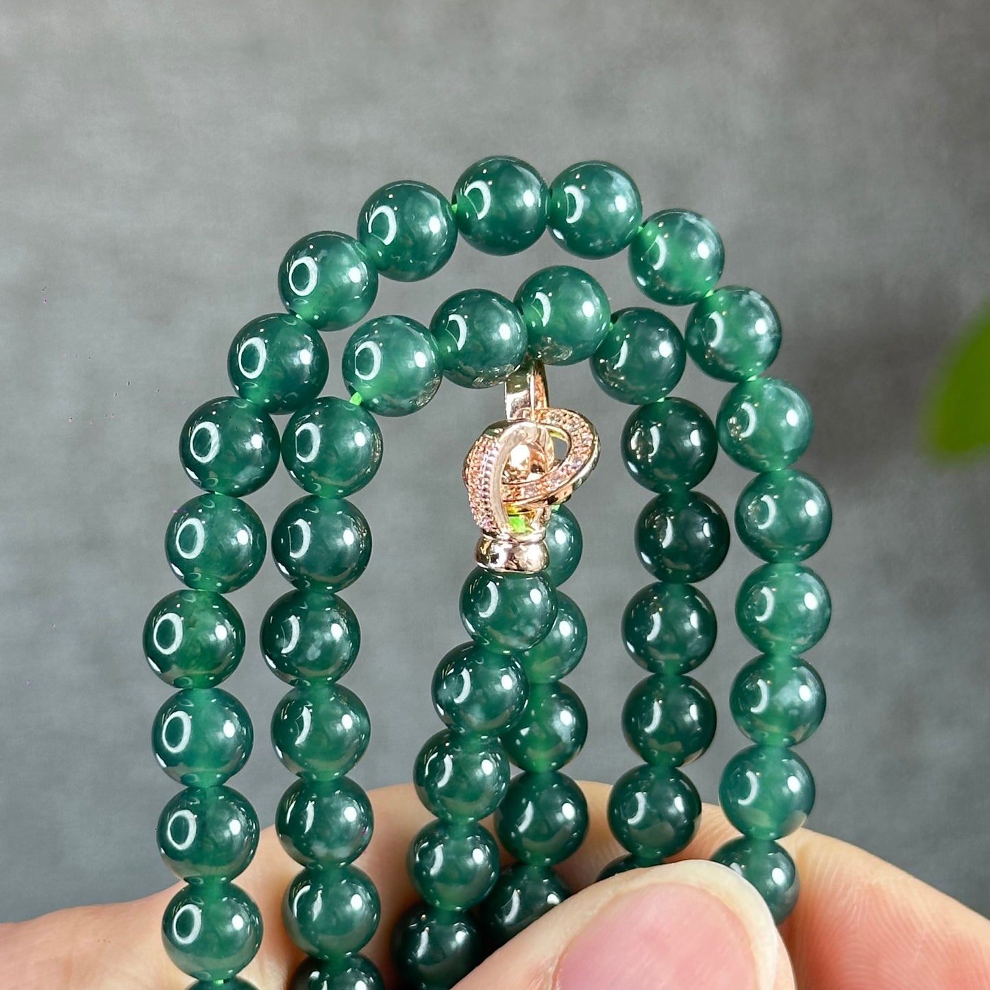 Icy Water Green Translucent Natural Jadeite Jade Necklace Size 7 mm with Rose Gold Coloured Clasp