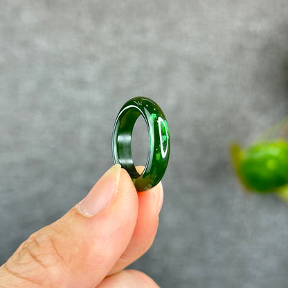 Natural Floating Flower Nephrite Jade VIP Ring Leaf Style Size 1.6