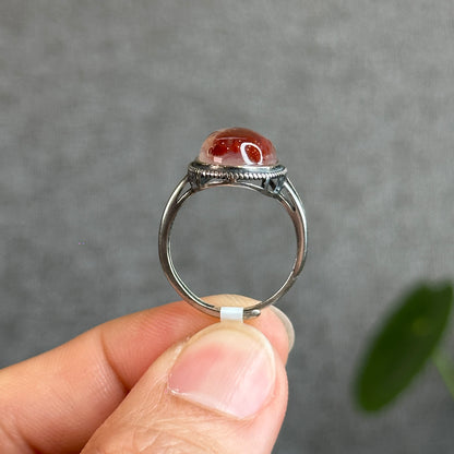 Oval Cinnabar in Agate Ring in Silver Size Adjustable