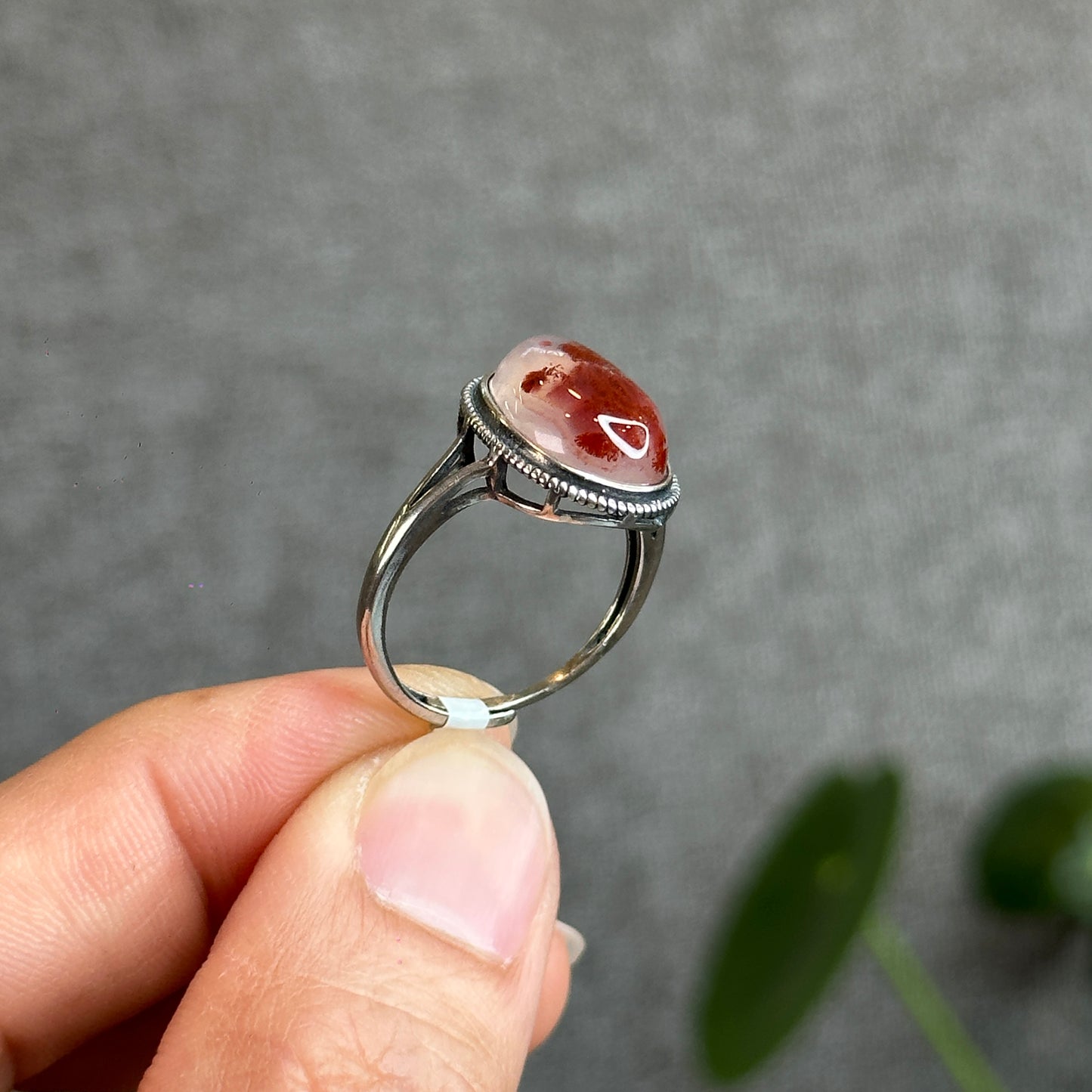 Oval Cinnabar in Agate Ring in Silver Size Adjustable