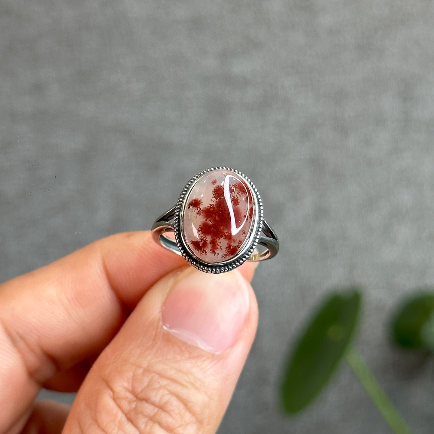 Oval Cinnabar in Agate Ring in Silver Size Adjustable