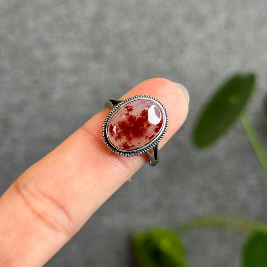 Oval Cinnabar in Agate Ring in Silver Size Adjustable