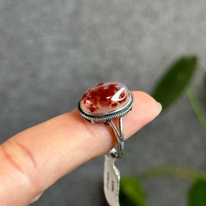 Oval Cinnabar in Agate Ring in Silver Size Adjustable