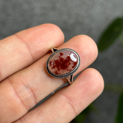 Oval Cinnabar in Agate Ring in Silver Size Adjustable