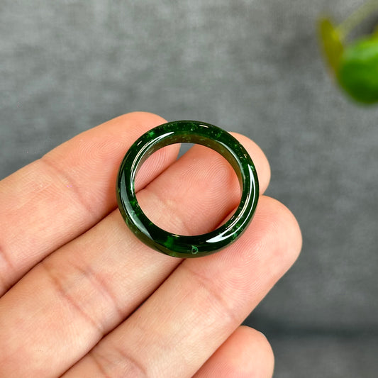 Natural Floating Flower Nephrite Jade VIP Ring Leaf Style Size 2.0