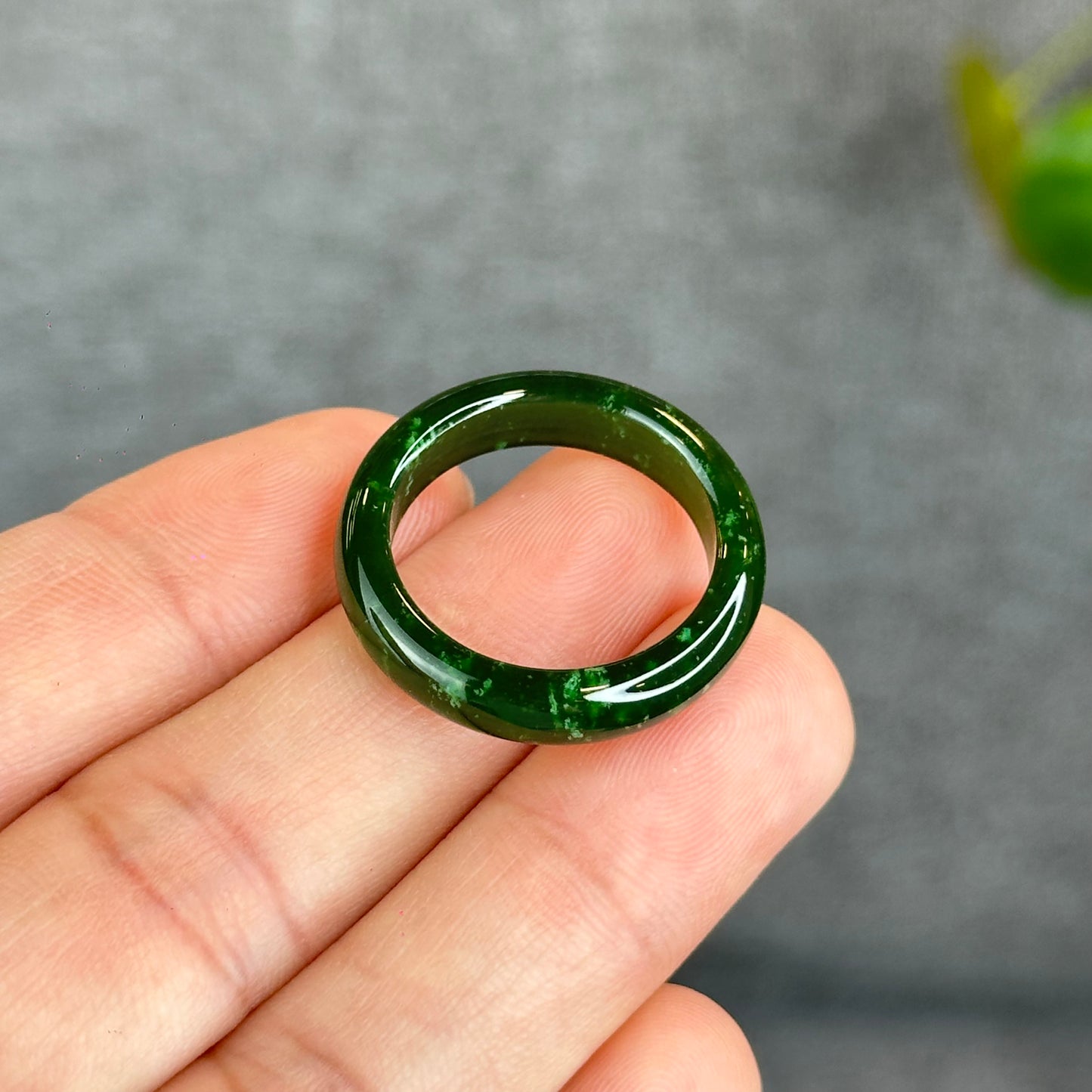 Natural Floating Flower Nephrite Jade VIP Ring Leaf Style Size 2.0