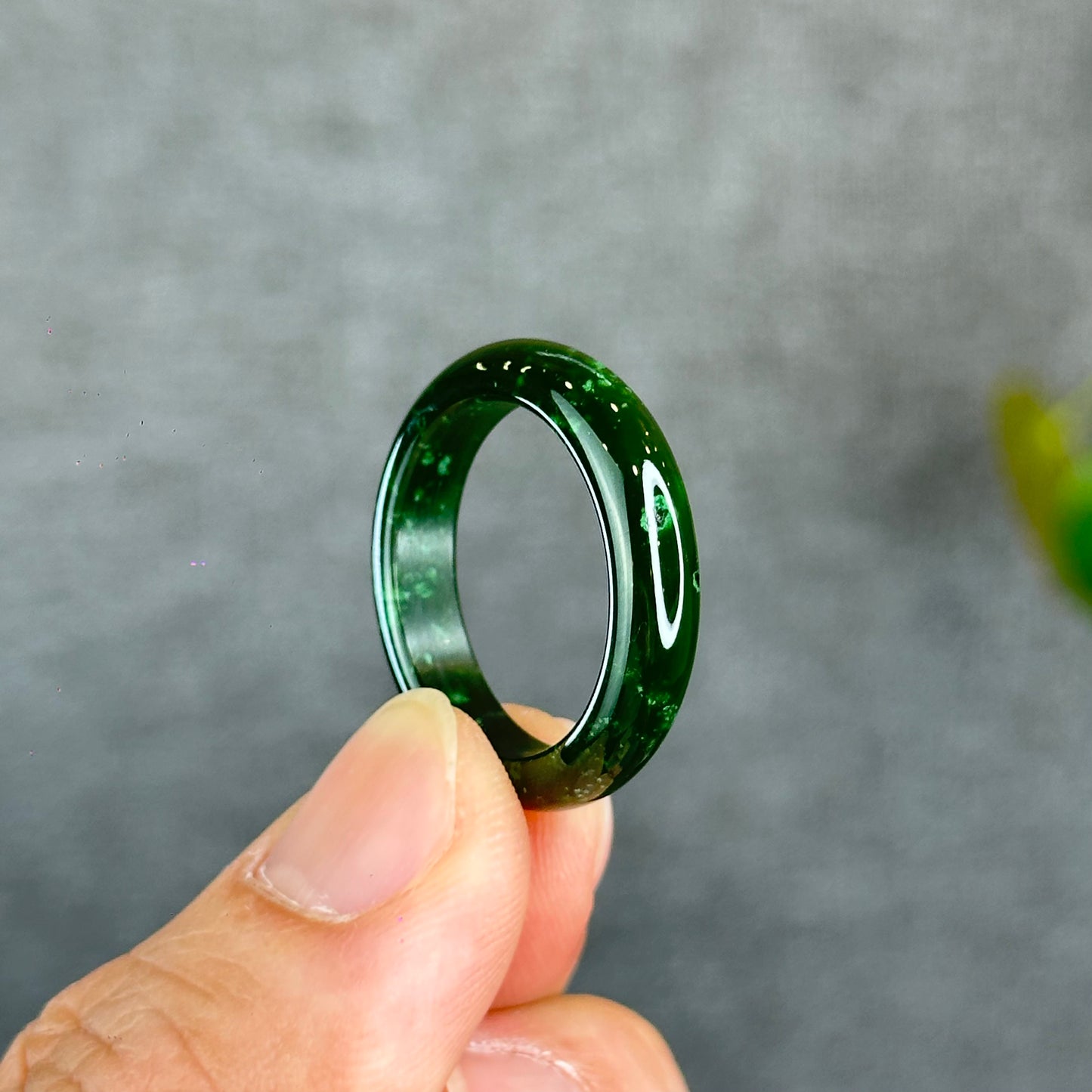 Natural Floating Flower Nephrite Jade VIP Ring Leaf Style Size 2.0