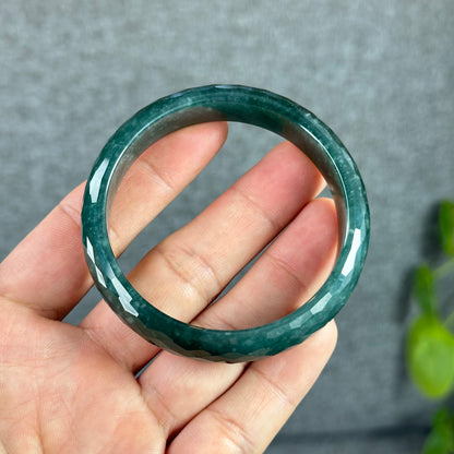 Natural Water Green Semi-Translucent Faceted Natural Jadeite Jade Bangle Leaf Style Size 55 mm