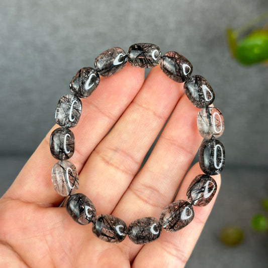 Natural Black Rutilated Quartz Lu Thong Bracelet Size 9.5-9.8 mm