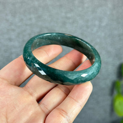 Natural Water Green Semi-Translucent Faceted Natural Jadeite Jade Bangle Leaf Style Size 55 mm